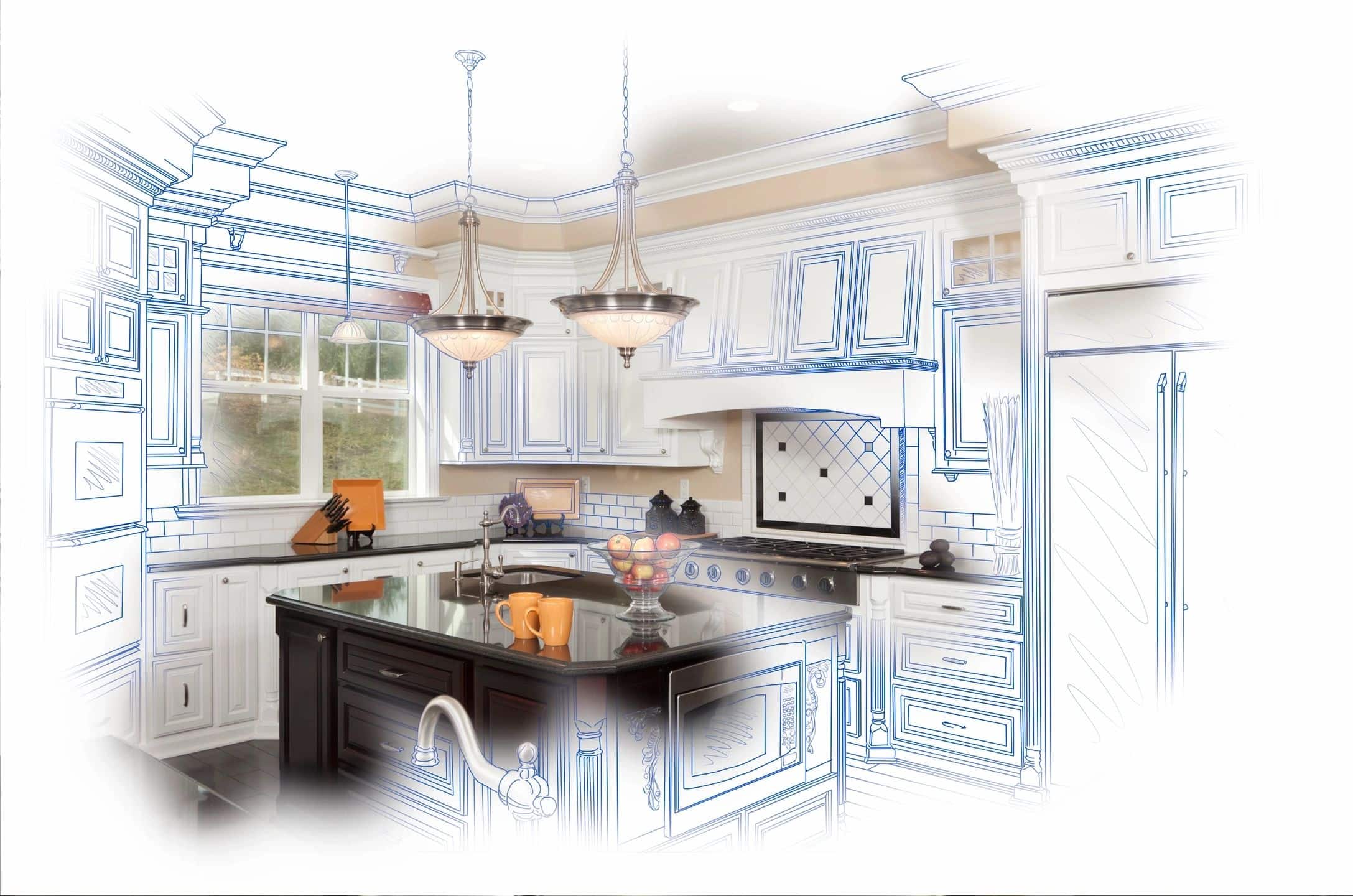 Architectural sketch of a kitchen.
