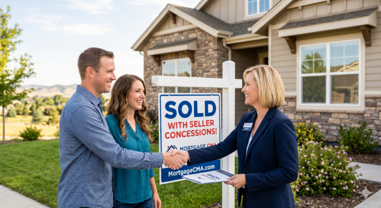 Homebuyers and an agent beside a sold sign.