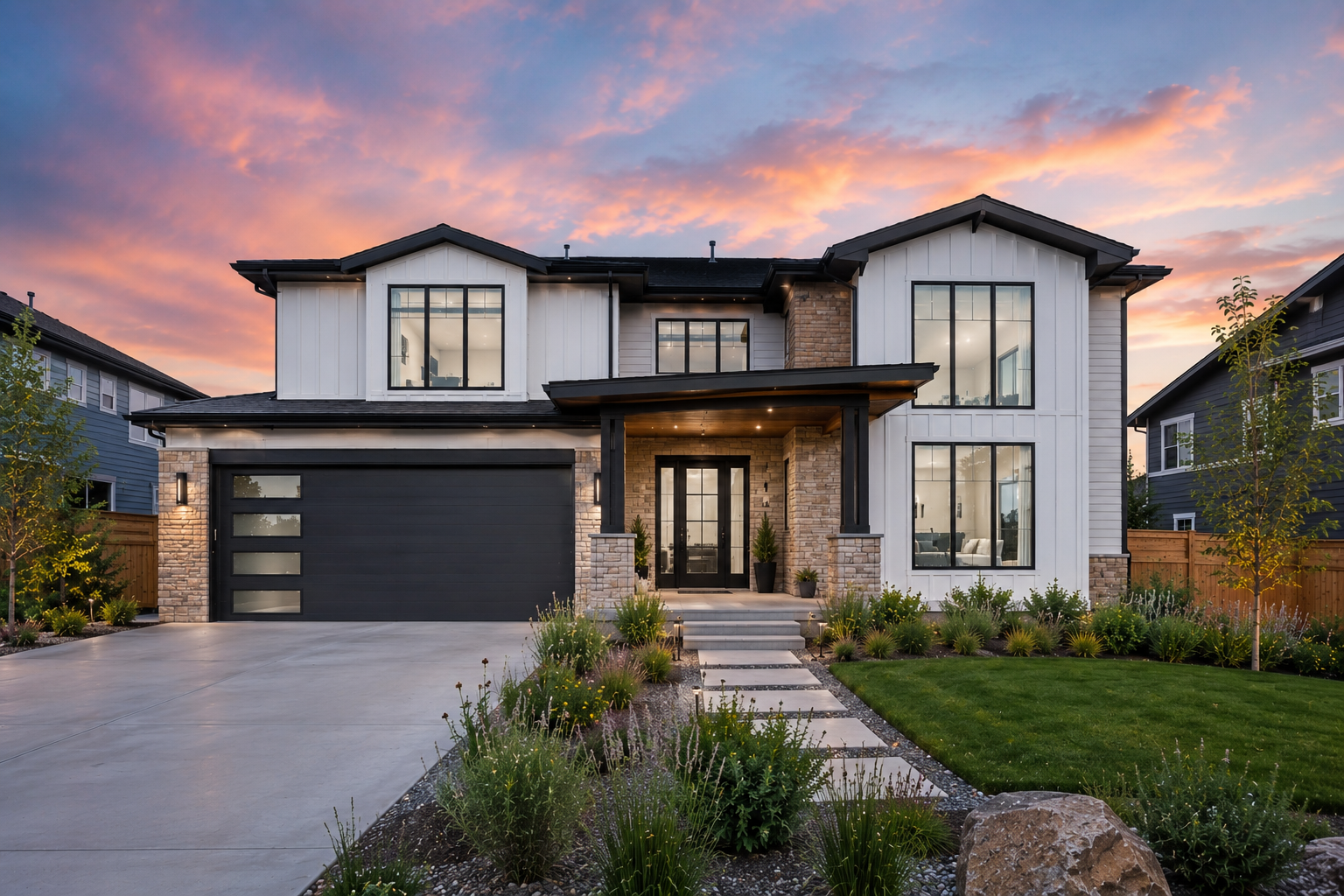 modern farmhouse at sunset