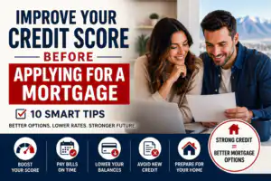 Couple reviewing mortgage credit tips.