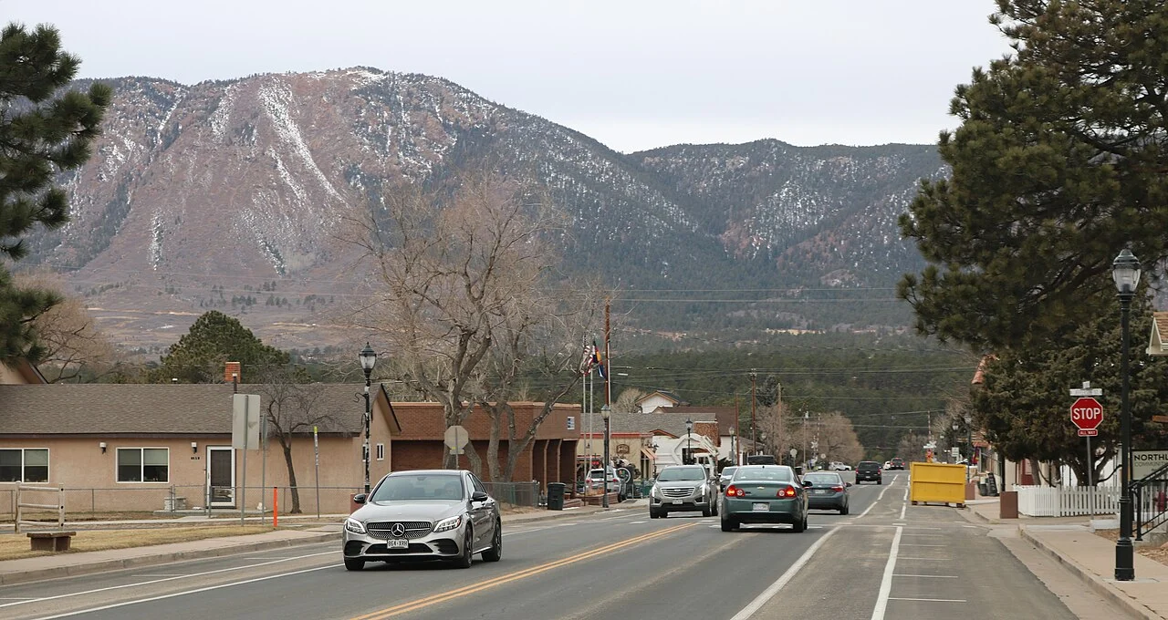 Second Street in Monument, Colorado, with Mount Herman in the distance.
