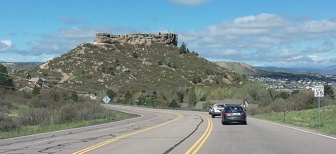 The Castle Rock butte viewed from Fifth Street in Castle Rock, Colorado.