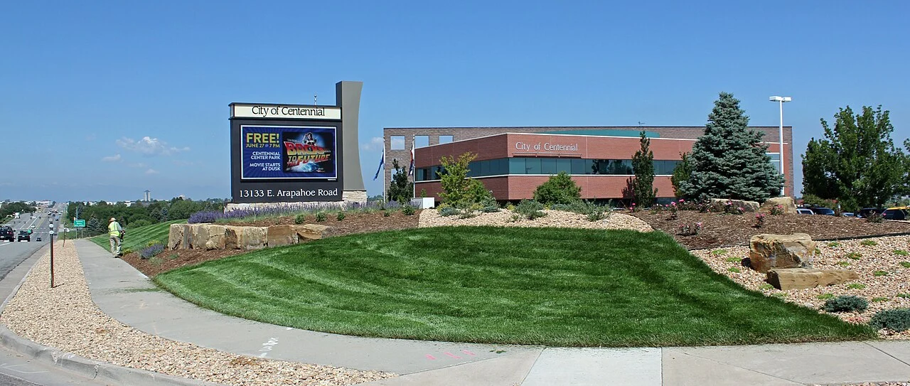 Centennial Civic Center sign in front of the municipal building in Colorado.
