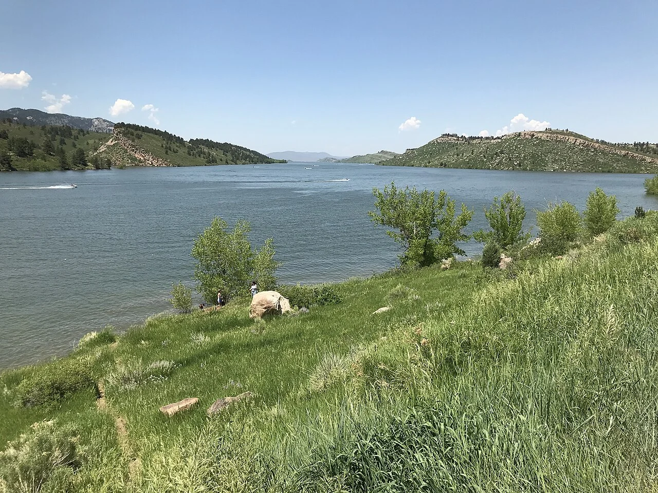 Horsetooth Reservoir surrounded by grassy hills near Fort Collins, Colorado.