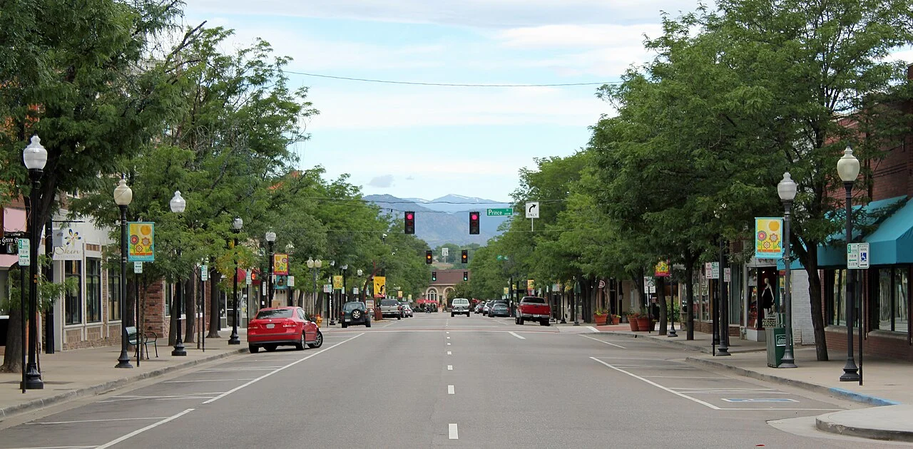 Historic storefronts along Main Street in downtown Littleton, Colorado.