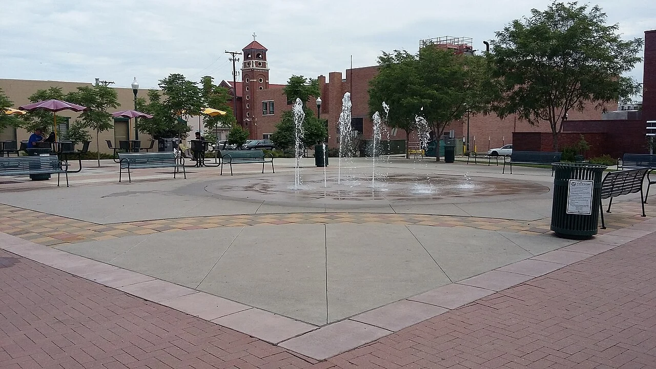The plaza and clock tower at Olde Town Square in Arvada, Colorado.