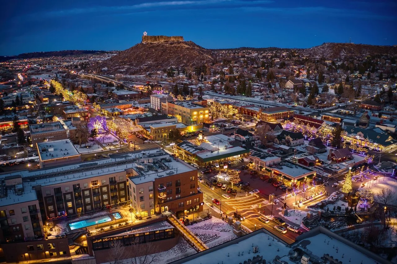 An elevated view of downtown Castle Rock, Colorado, at dusk.