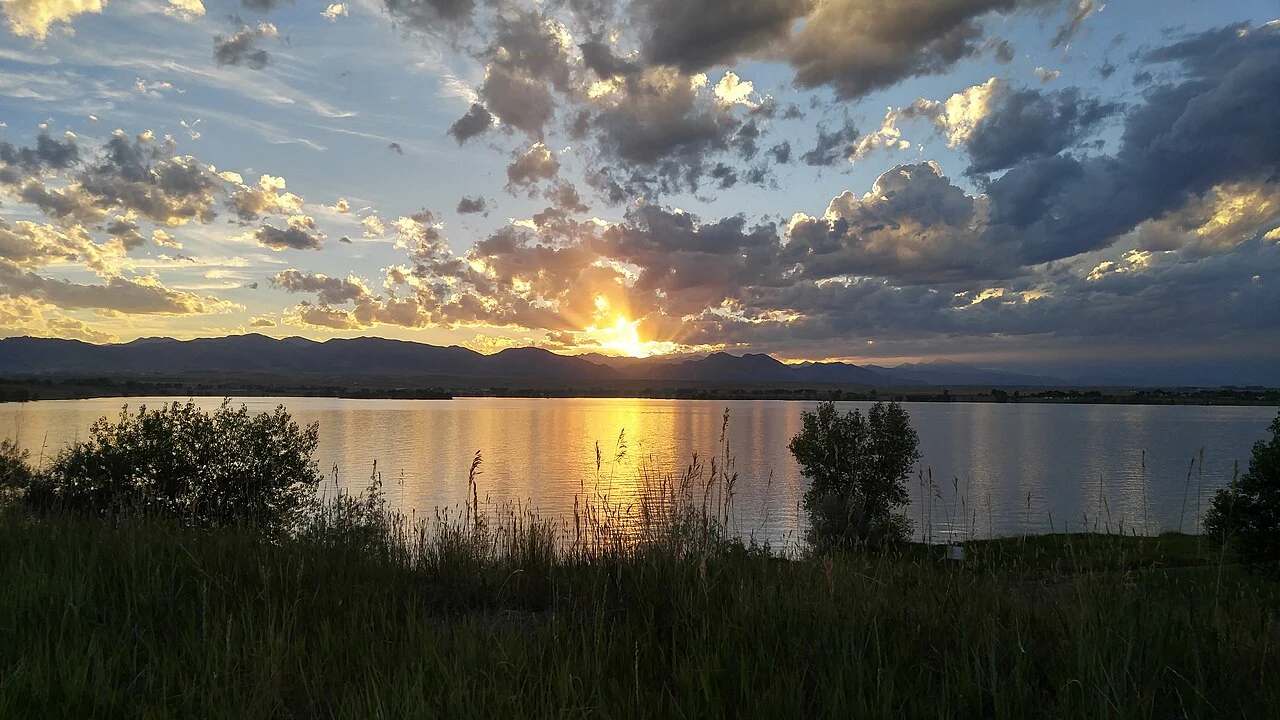 Sunset reflected on Standley Lake near Westminster, Colorado.