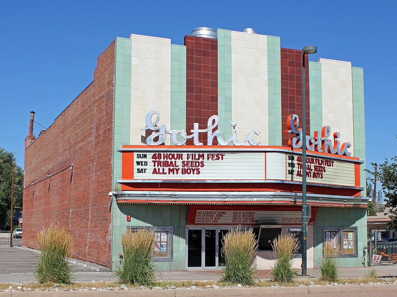 The Gothic Theatre marquee and red-brick facade in Englewood, Colorado.