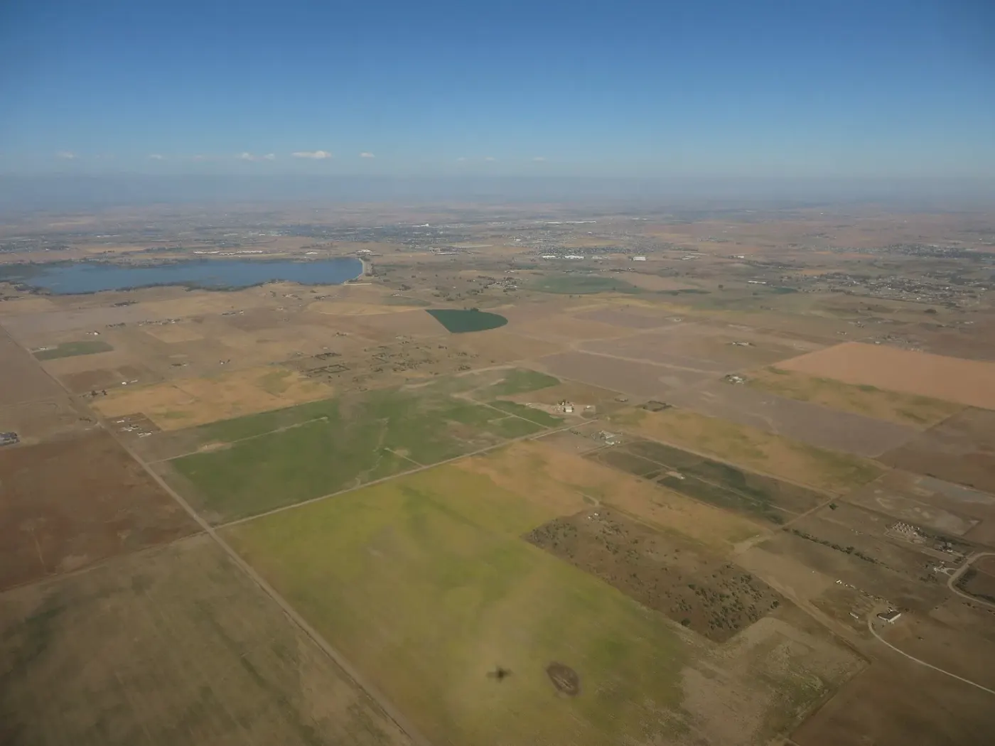 Aerial view of Barr Lake and surrounding fields near Brighton, Colorado