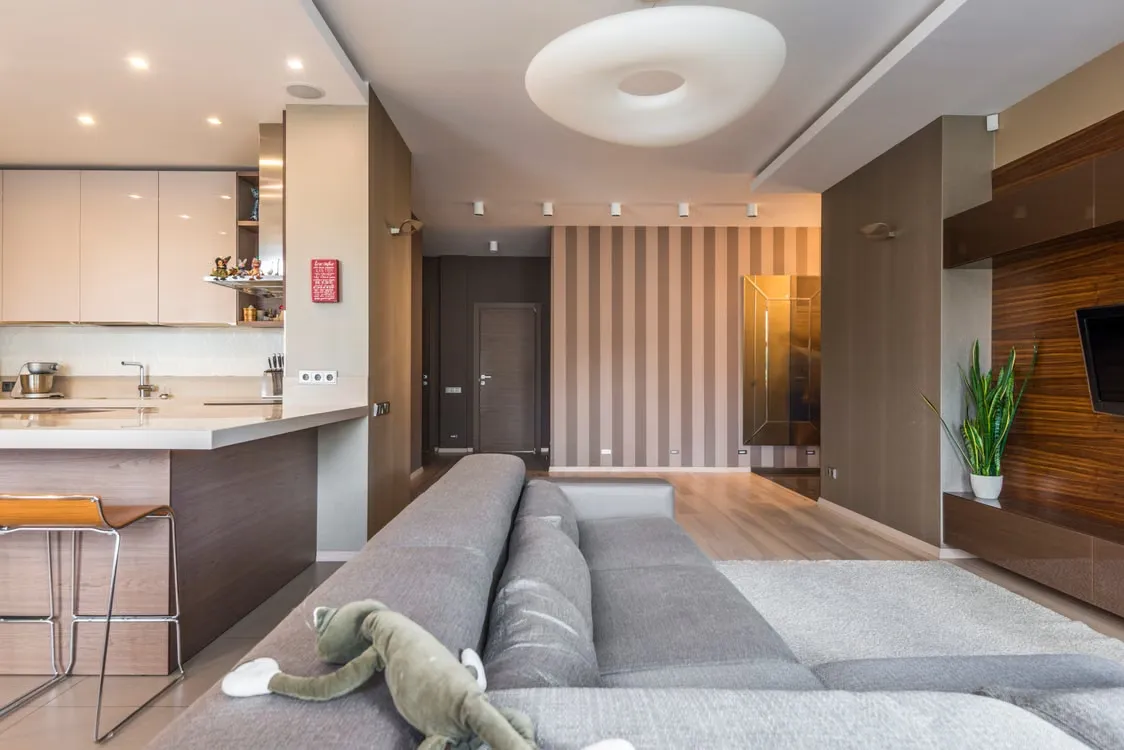 bright contemporary living room opening to a kitchen