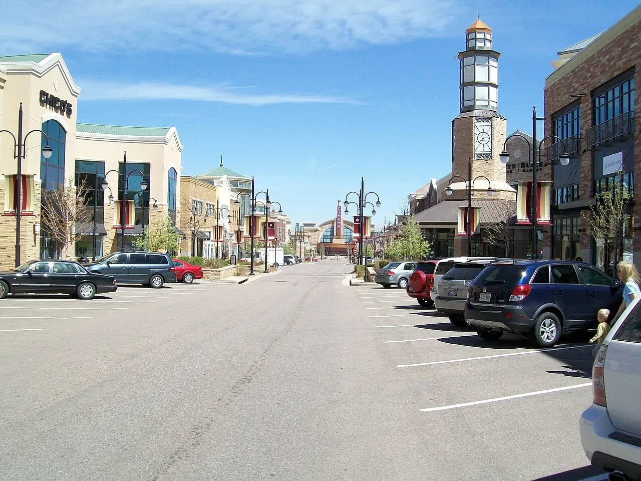Southlands shopping district streetscape in Aurora, Colorado