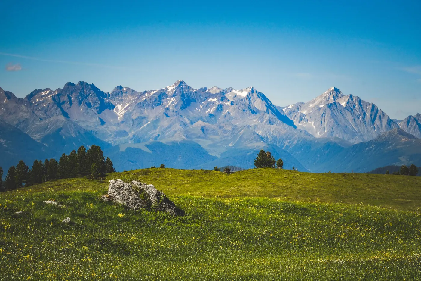 open green meadow with distant mountains and a clear blue sky