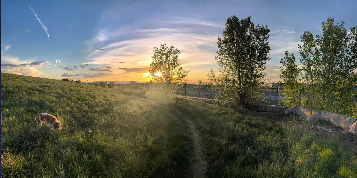 Sunset over grassland and a walking path in Denver’s Central Park neighborhood