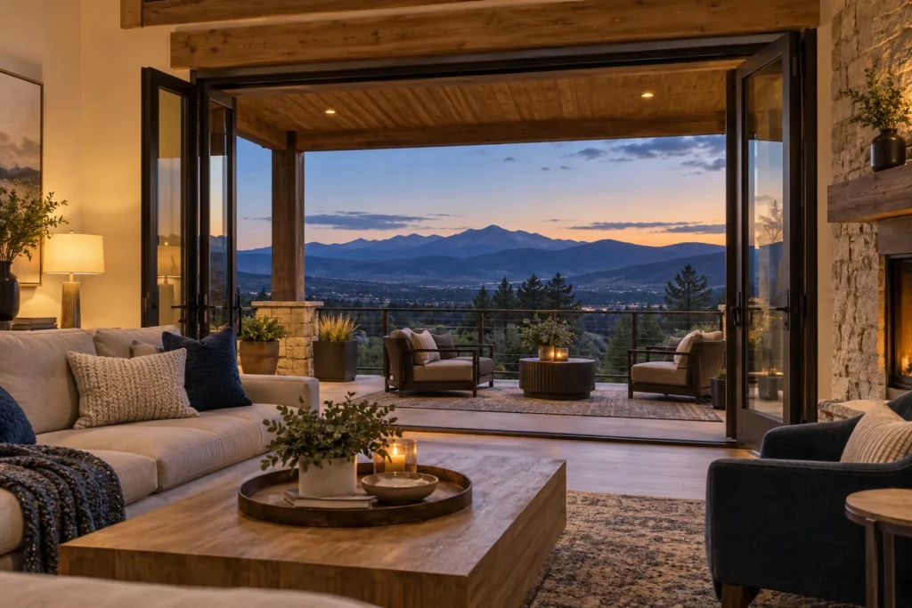illustrative colorado home interior opening onto a porch and foothills at dusk