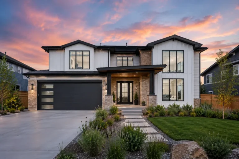 Modern farmhouse with a sunset backdrop