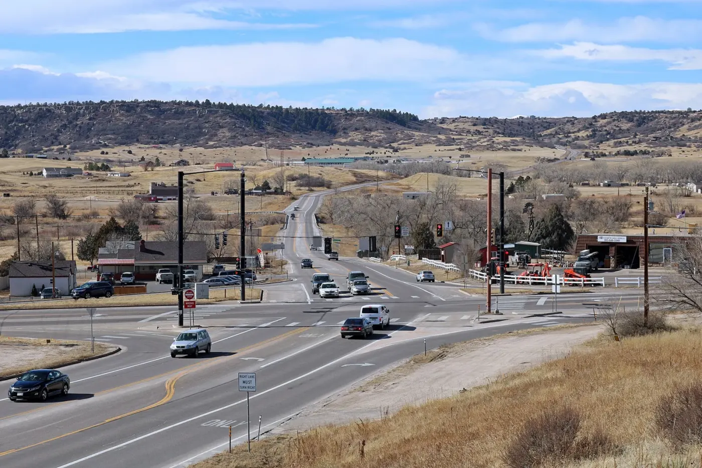 Franktown streetscape with open rolling hills in Douglas County, Colorado