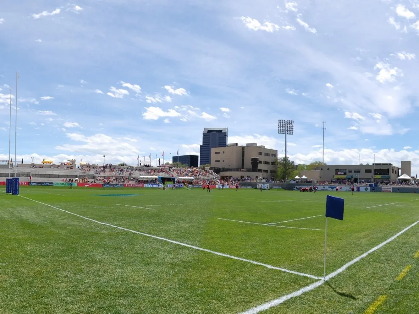 Infinity Park rugby field under blue skies in Glendale Colorado