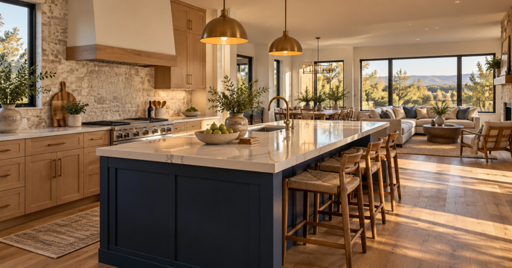 Sunlit kitchen with a navy island, white oak cabinets and an open living area overlooking trees and foothills.