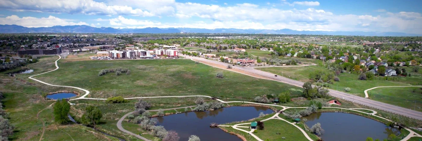Grandview Ponds and Thornton neighborhoods with the Rocky Mountains in the distance