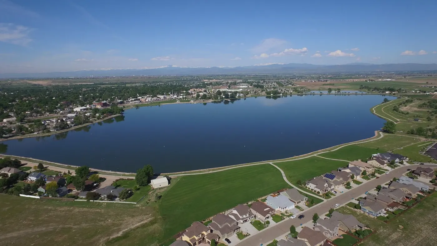Aerial view of Windsor Lake and nearby homes in Windsor, Colorado
